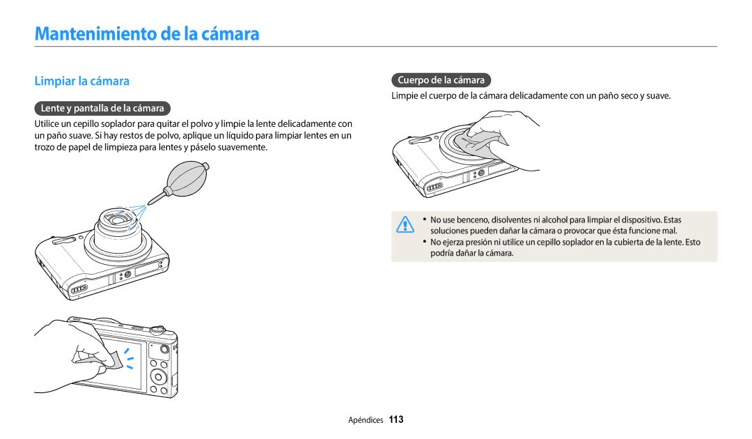 Samsung EC-WB37FZBDWE1 Mantenimiento de la cámara, Limpiar la cámara, Lente y pantalla de la cámara, Cuerpo de la cámara 