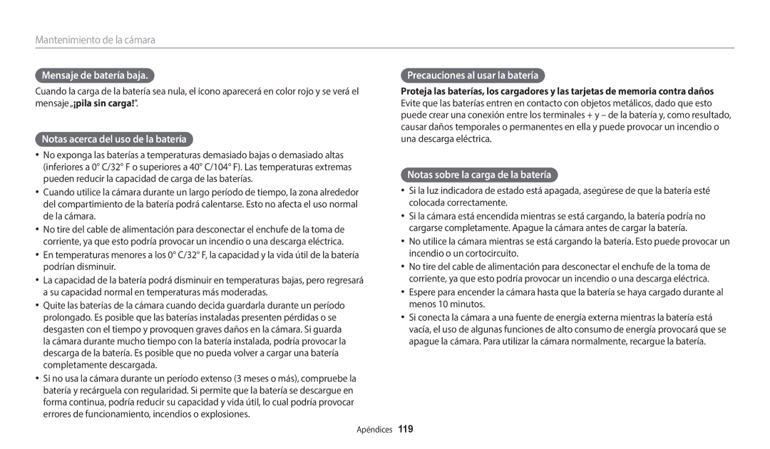 Samsung EC-WB37FZBDWE1 manual Mensaje de batería baja, Notas acerca del uso de la batería, Precauciones al usar la batería 