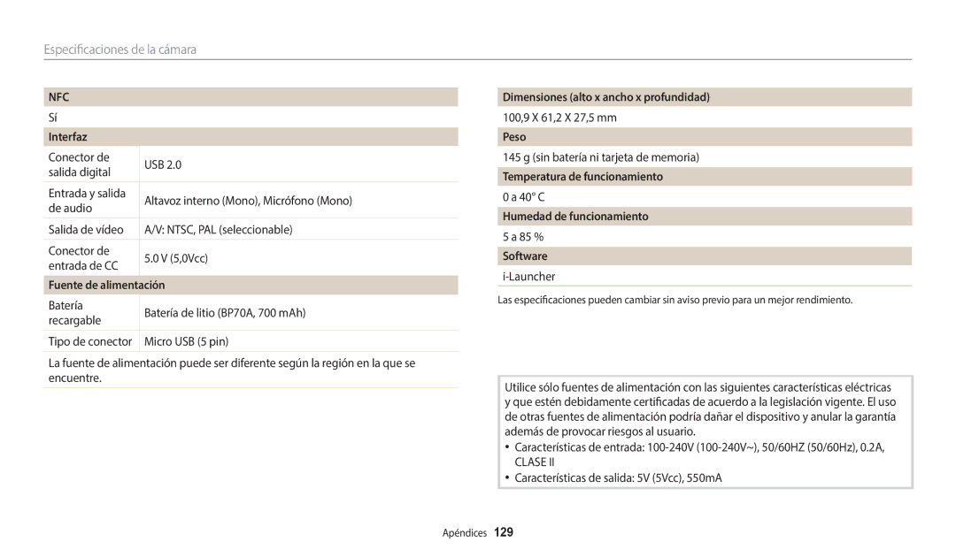 Samsung EC-WB37FZBDLE1 manual Interfaz, Fuente de alimentación, Dimensiones alto x ancho x profundidad, Peso, Software 