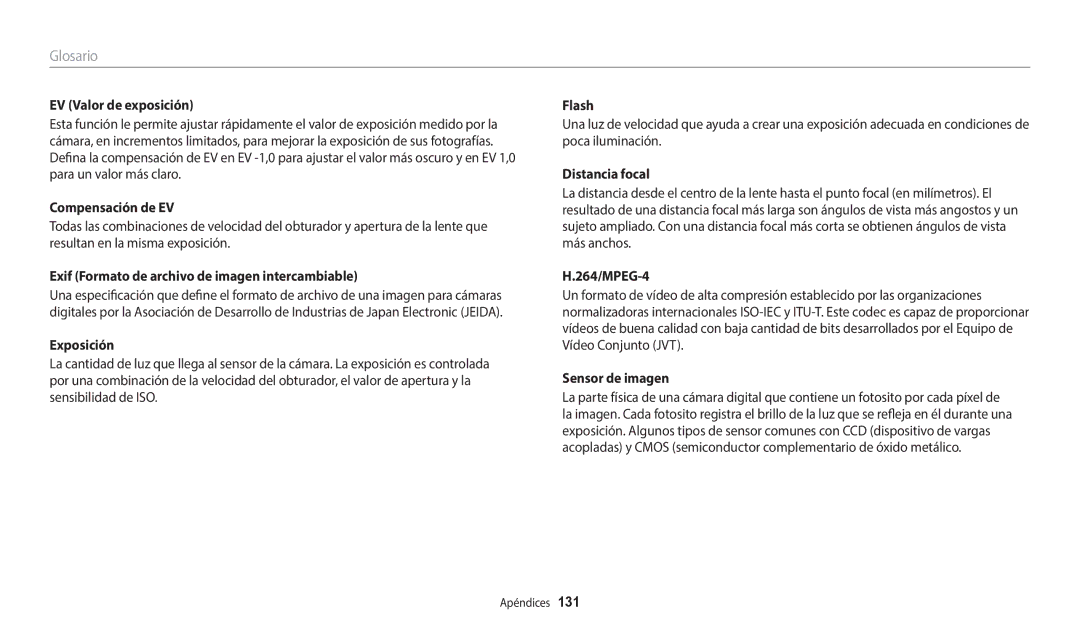 Samsung EC-WB37FZBDWE1, EC-WB35FZBPWE1, EC-WB35FZBPBE1, EC-WB35FZBPLE1, EC-WB37FZBDLE1, EC-WB37FZBDBE1 manual Glosario 