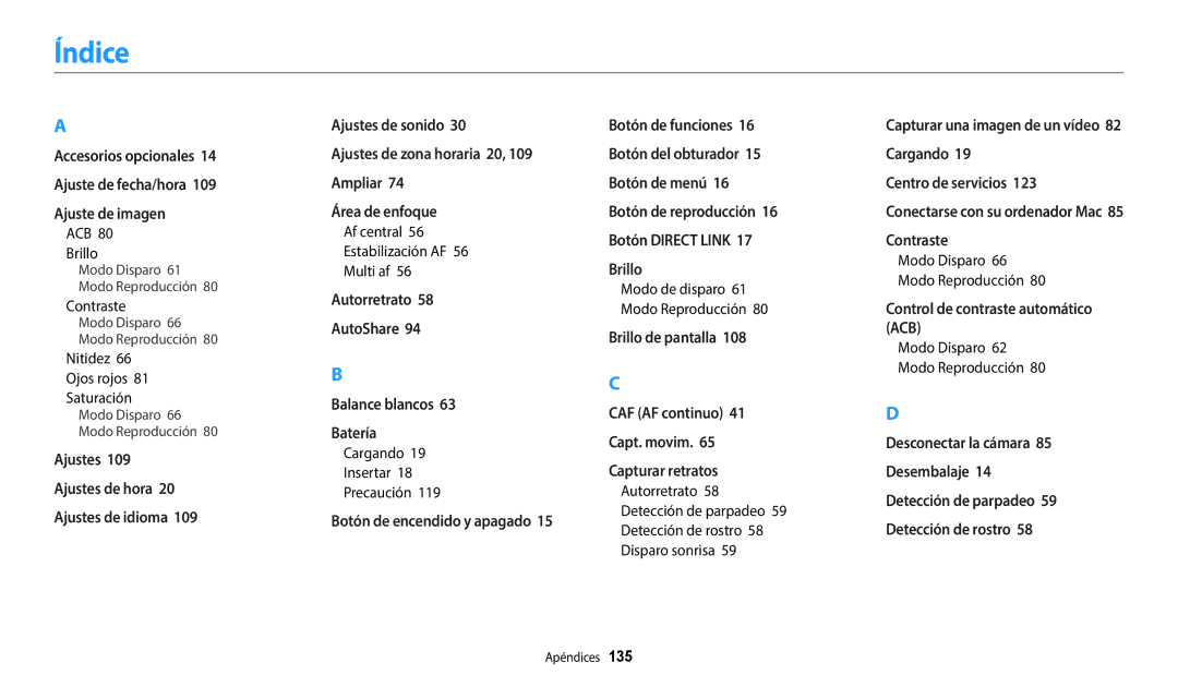 Samsung EC-WB37FZBDLE1, EC-WB37FZBDWE1, EC-WB35FZBPWE1, EC-WB35FZBPBE1, EC-WB35FZBPLE1, EC-WB37FZBDBE1 manual Índice 