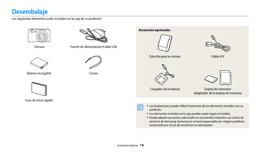 Samsung EC-WB35FZBPLE1, EC-WB37FZBDWE1, EC-WB35FZBPWE1, EC-WB35FZBPBE1, EC-WB37FZBDLE1 Desembalaje, Accesorios opcionales 