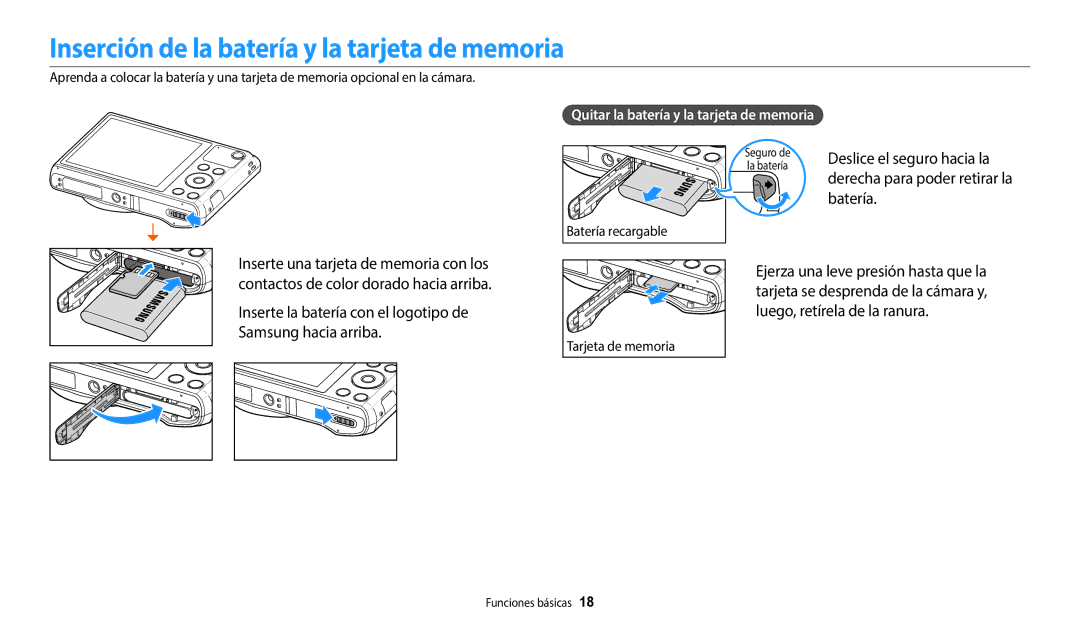 Samsung EC-WB35FZBPWE1 manual Inserción de la batería y la tarjeta de memoria, Quitar la batería y la tarjeta de memoria 