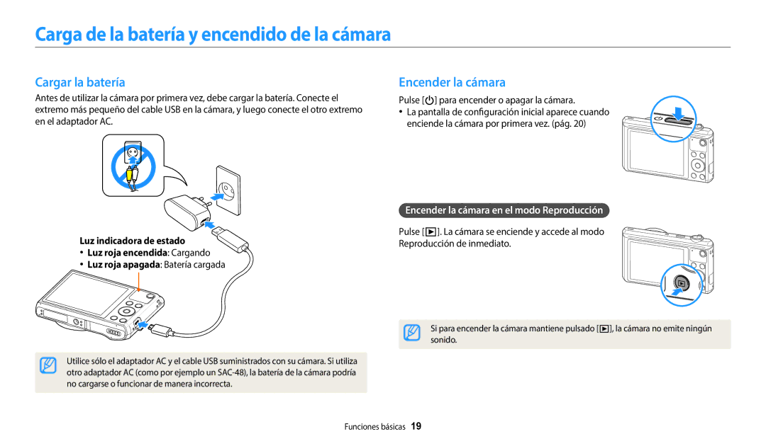 Samsung EC-WB35FZBPBE1, EC-WB37FZBDWE1 Carga de la batería y encendido de la cámara, Cargar la batería, Encender la cámara 