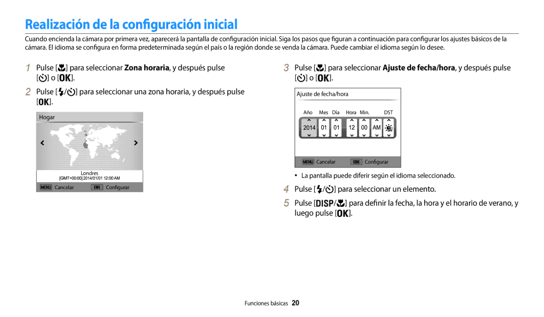 Samsung EC-WB35FZBPLE1 Realización de la configuración inicial, La pantalla puede diferir según el idioma seleccionado 