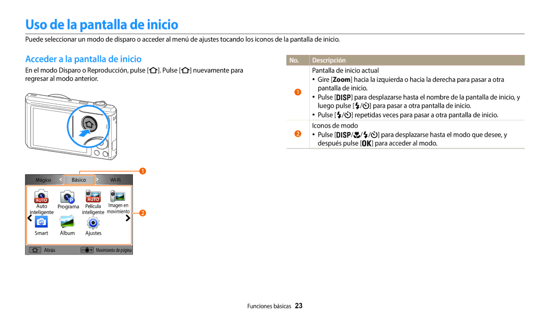 Samsung EC-WB37FZBDWE1, EC-WB35FZBPWE1, EC-WB35FZBPBE1 manual Uso de la pantalla de inicio, Acceder a la pantalla de inicio 