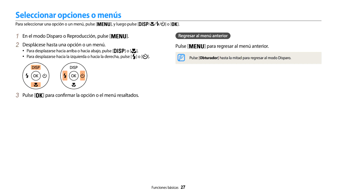 Samsung EC-WB37FZBDLE1, EC-WB37FZBDWE1 Seleccionar opciones o menús, Pulse para confirmar la opción o el menú resaltados 