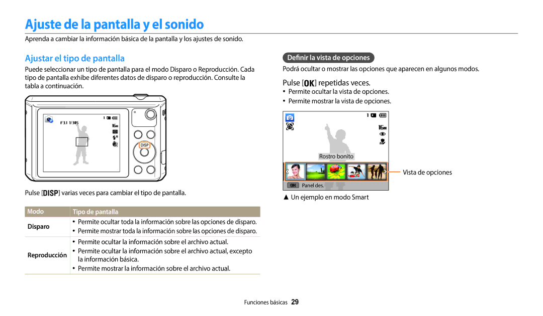 Samsung EC-WB37FZBDWE1 manual Ajuste de la pantalla y el sonido, Ajustar el tipo de pantalla, Definir la vista de opciones 