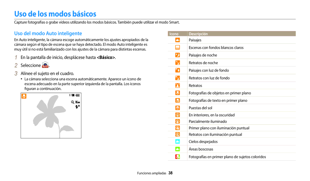 Samsung EC-WB35FZBPLE1, EC-WB37FZBDWE1, EC-WB35FZBPWE1 manual Uso de los modos básicos, Uso del modo Auto inteligente 