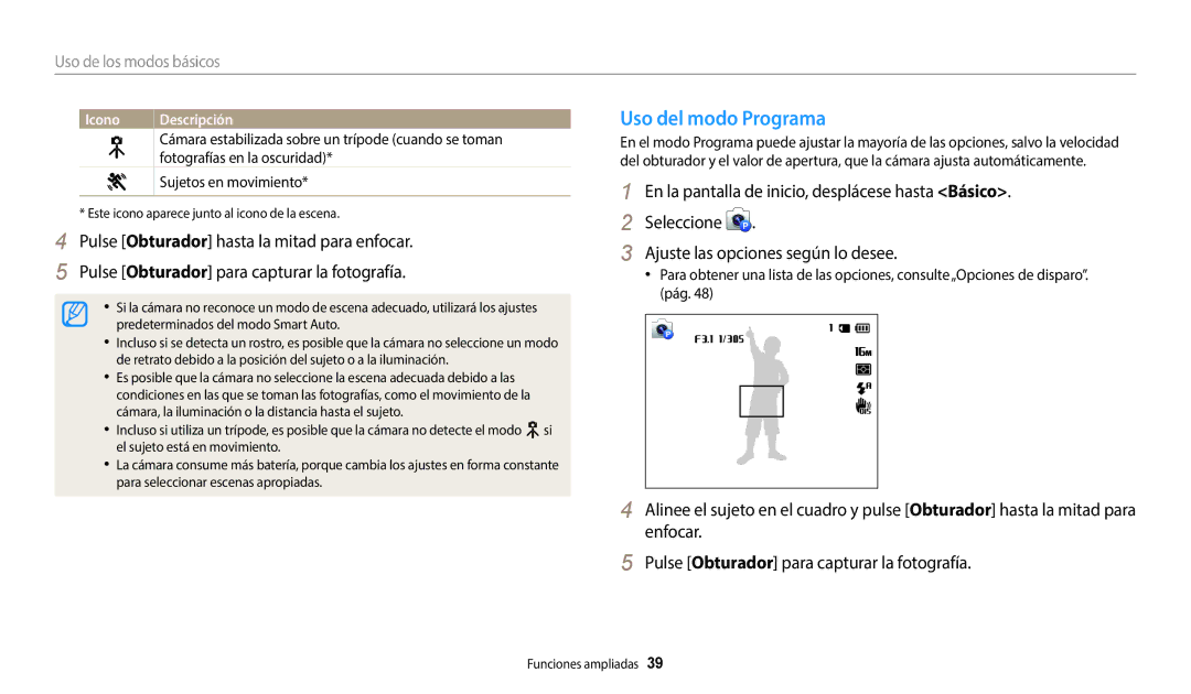 Samsung EC-WB37FZBDLE1 Uso del modo Programa, Uso de los modos básicos, Fotografías en la oscuridad, Sujetos en movimiento 
