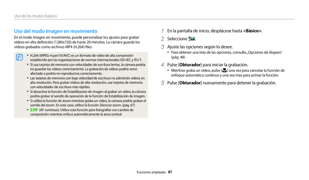 Samsung EC-WB37FZBDWE1, EC-WB35FZBPWE1 manual Uso del modo Imagen en movimiento, Pulse Obturador para iniciar la grabación 