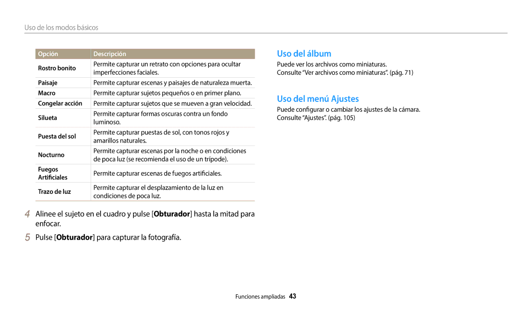 Samsung EC-WB35FZBPBE1, EC-WB37FZBDWE1, EC-WB35FZBPWE1, EC-WB35FZBPLE1, EC-WB37FZBDLE1 Uso del álbum, Uso del menú Ajustes 