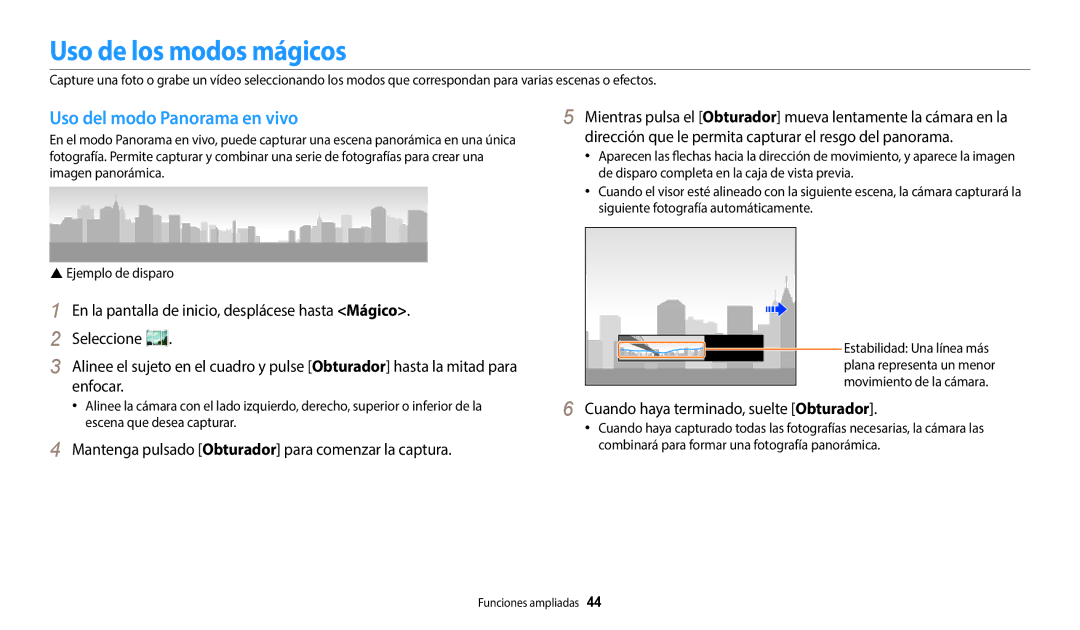 Samsung EC-WB35FZBPLE1 Uso de los modos mágicos, Uso del modo Panorama en vivo, Cuando haya terminado, suelte Obturador 