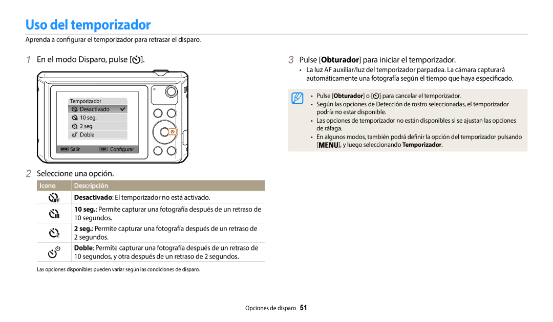 Samsung EC-WB37FZBDLE1, EC-WB37FZBDWE1 manual Uso del temporizador, Pulse Obturador para iniciar el temporizador, Segundos 