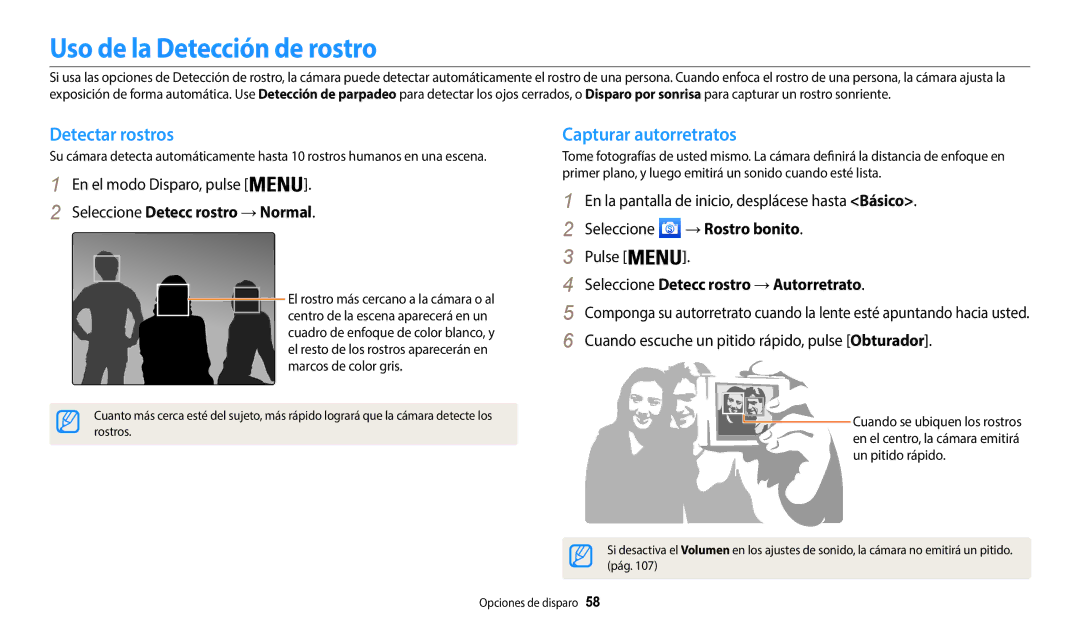 Samsung EC-WB37FZBDBE1, EC-WB37FZBDWE1 manual Uso de la Detección de rostro, Detectar rostros, Capturar autorretratos 