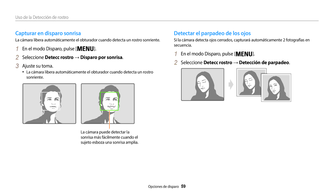 Samsung EC-WB37FZBDWE1, EC-WB35FZBPWE1 manual Capturar en disparo sonrisa, Detectar el parpadeo de los ojos, Ajuste su toma 