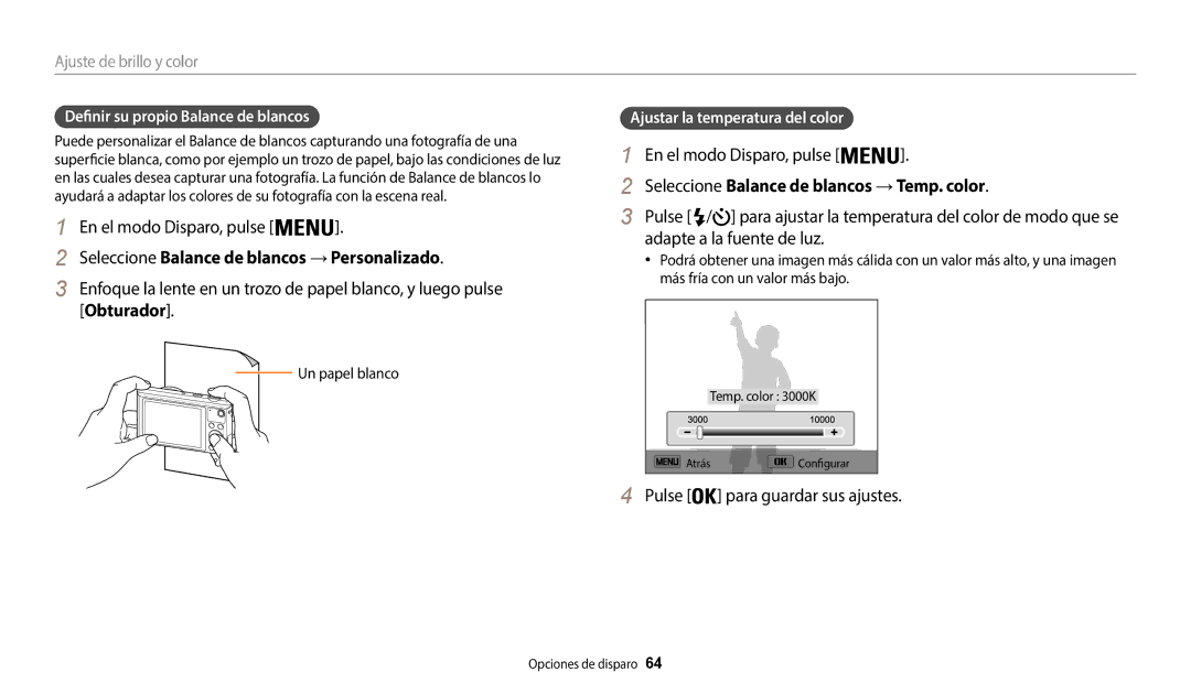 Samsung EC-WB37FZBDBE1 manual Seleccione Balance de blancos →Personalizado, Seleccione Balance de blancos →Temp. color 