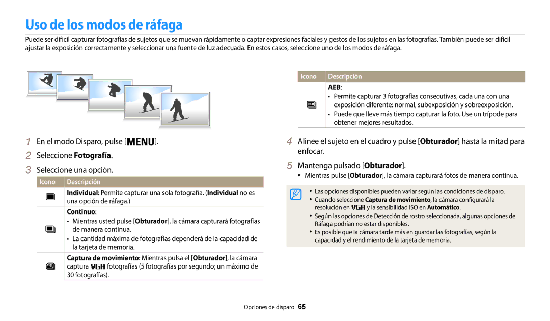 Samsung EC-WB37FZBDWE1, EC-WB35FZBPWE1, EC-WB35FZBPBE1, EC-WB35FZBPLE1, EC-WB37FZBDLE1 Uso de los modos de ráfaga, Continuo 