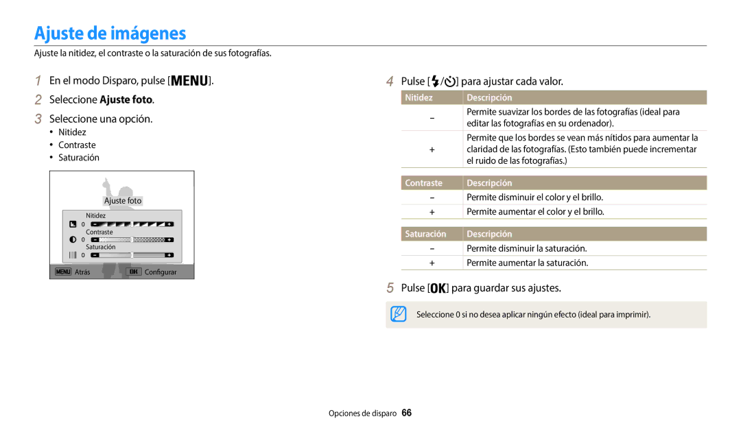 Samsung EC-WB35FZBPWE1, EC-WB37FZBDWE1 Ajuste de imágenes, Pulse / para ajustar cada valor, Nitidez, Contraste, Saturación 