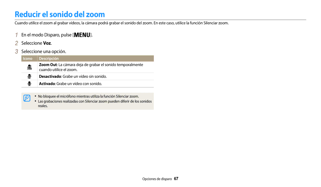 Samsung EC-WB35FZBPBE1 manual Reducir el sonido del zoom, Cuando utilice el zoom, Desactivado Grabe un vídeo sin sonido 