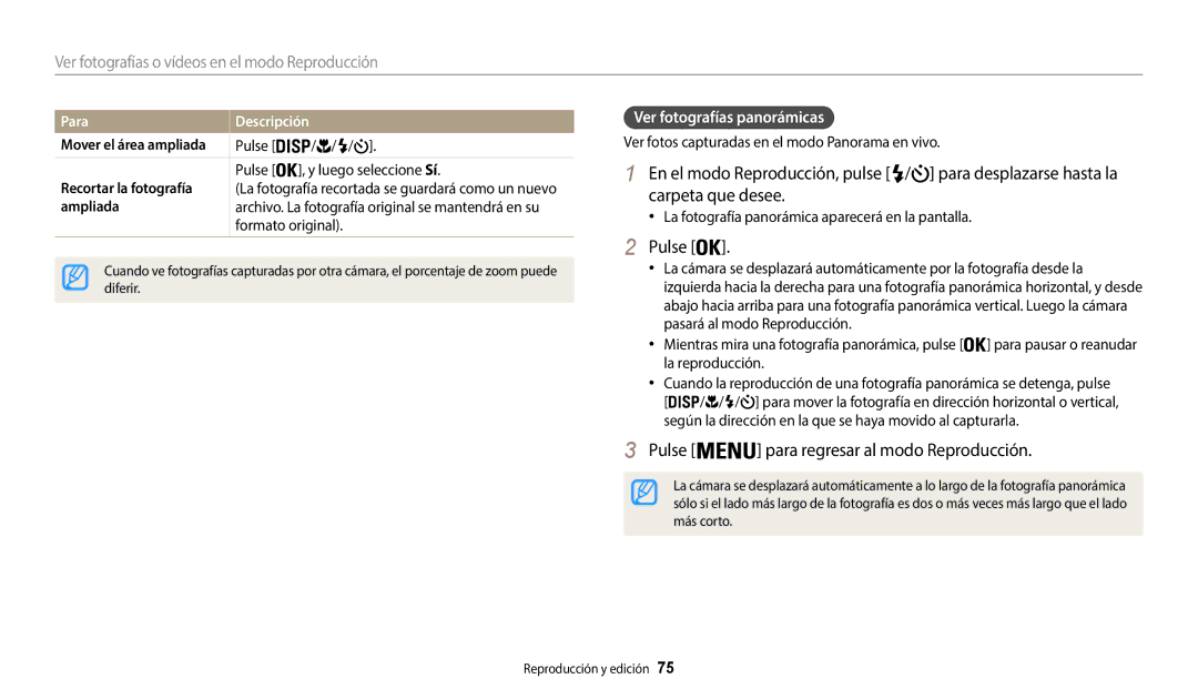 Samsung EC-WB37FZBDLE1 Pulse para regresar al modo Reproducción, Ver fotografías panorámicas, Para Descripción, Ampliada 