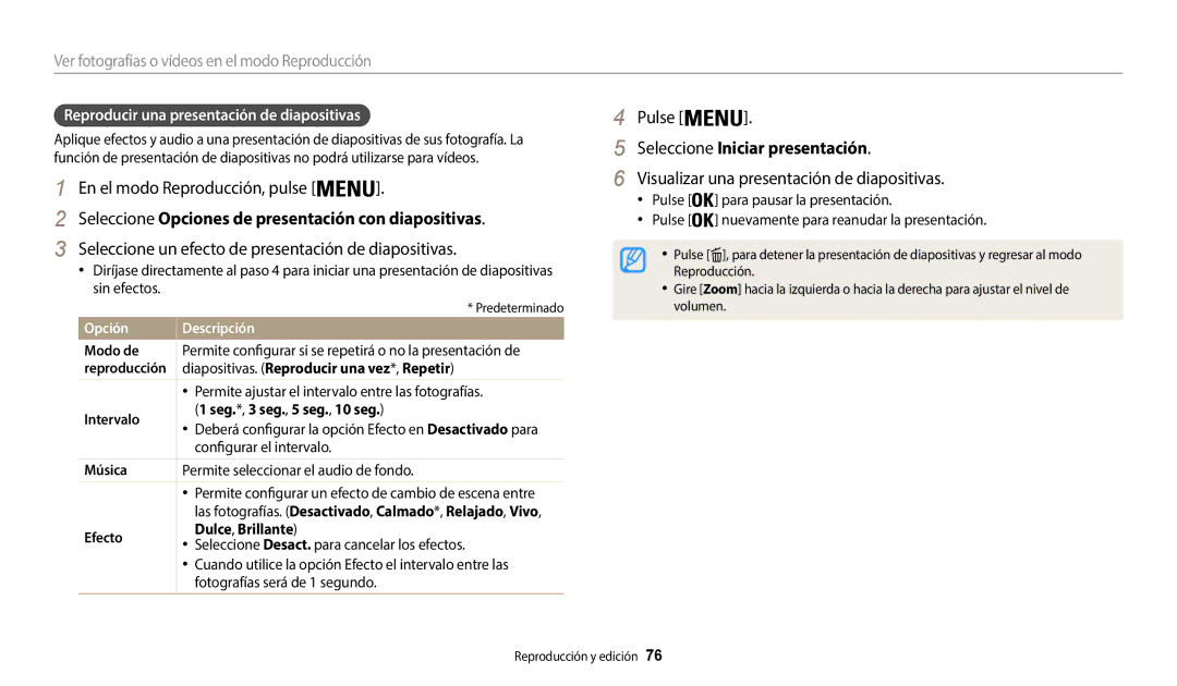 Samsung EC-WB37FZBDBE1 manual Seleccione Opciones de presentación con diapositivas, Seleccione Iniciar presentación 