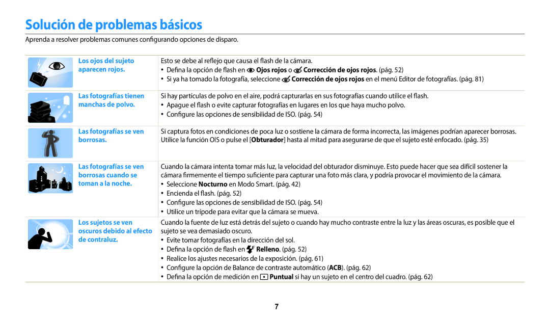 Samsung EC-WB35FZBPBE1, EC-WB37FZBDWE1 manual Solución de problemas básicos, Evite tomar fotografías en la dirección del sol 