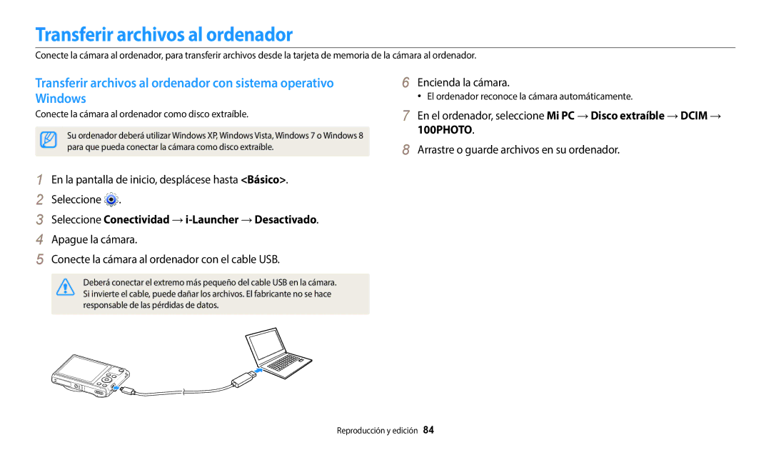 Samsung EC-WB35FZBPWE1, EC-WB37FZBDWE1 Transferir archivos al ordenador, Seleccione Conectividad →i-Launcher →Desactivado 