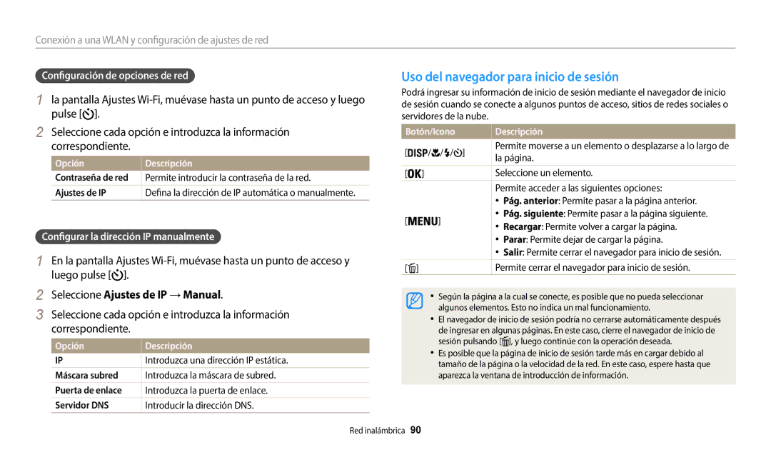 Samsung EC-WB35FZBPWE1, EC-WB37FZBDWE1 manual Uso del navegador para inicio de sesión, Seleccione Ajustes de IP →Manual 