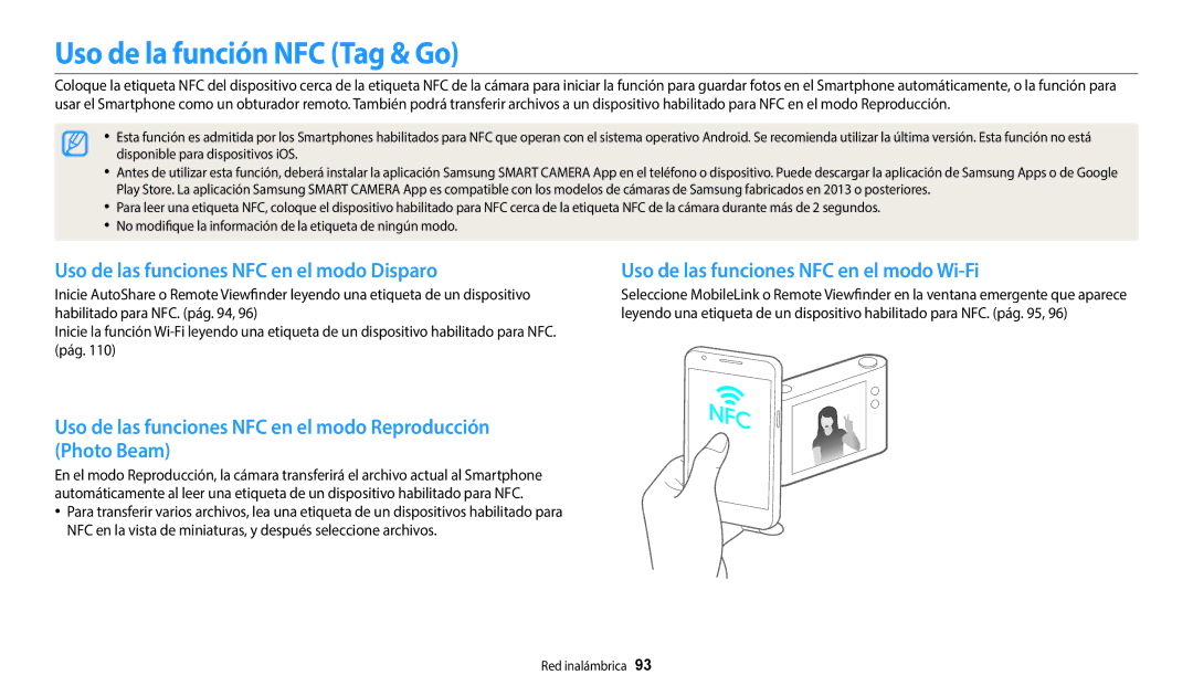 Samsung EC-WB37FZBDLE1, EC-WB37FZBDWE1 manual Uso de la función NFC Tag & Go, Uso de las funciones NFC en el modo Disparo 