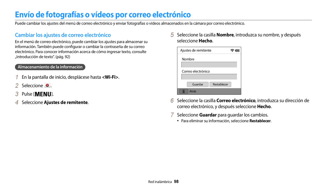 Samsung EC-WB35FZBPLE1 Envío de fotografías o vídeos por correo electrónico, Cambiar los ajustes de correo electrónico 