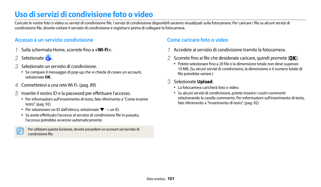 Samsung EC-WB37FZBDWE1 Uso di servizi di condivisione foto o video, Accesso a un servizio condivisione, Selezionate Upload 