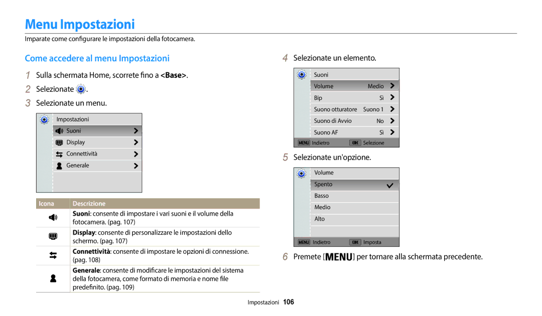 Samsung EC-WB35FZBPBE1, EC-WB37FZBDWE1 manual Menu Impostazioni, Come accedere al menu Impostazioni, Selezionate un elemento 