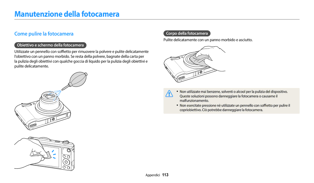 Samsung EC-WB37FZBDWE1 Manutenzione della fotocamera, Come pulire la fotocamera, Obiettivo e schermo della fotocamera 