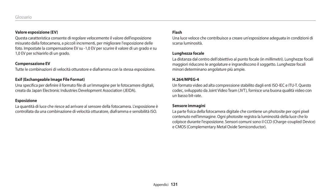 Samsung EC-WB37FZBDWE1, EC-WB35FZBPWE1, EC-WB35FZBPBE1 manual Glossario 