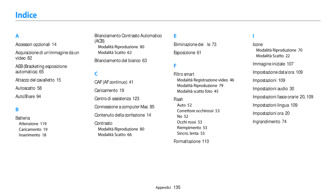 Samsung EC-WB35FZBPWE1, EC-WB37FZBDWE1 Indice, Attenzione Caricamento Inserimento, Modalità Riproduzione Modalità Scatto 