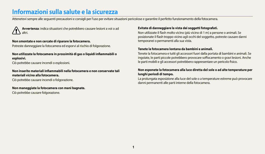 Samsung EC-WB35FZBPBE1 Informazioni sulla salute e la sicurezza, Non smontate e non cercate di riparare la fotocamera 