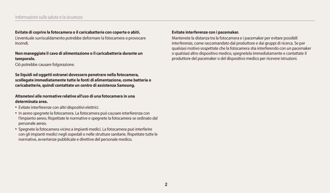 Samsung EC-WB37FZBDWE1, EC-WB35FZBPWE1 manual Informazioni sulla salute e la sicurezza, Evitate interferenze con i pacemaker 