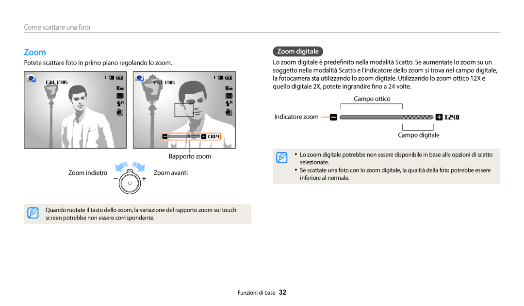 Samsung EC-WB37FZBDWE1 manual Come scattare una foto, Zoom digitale, Campo ottico Indicatore zoom Campo digitale 