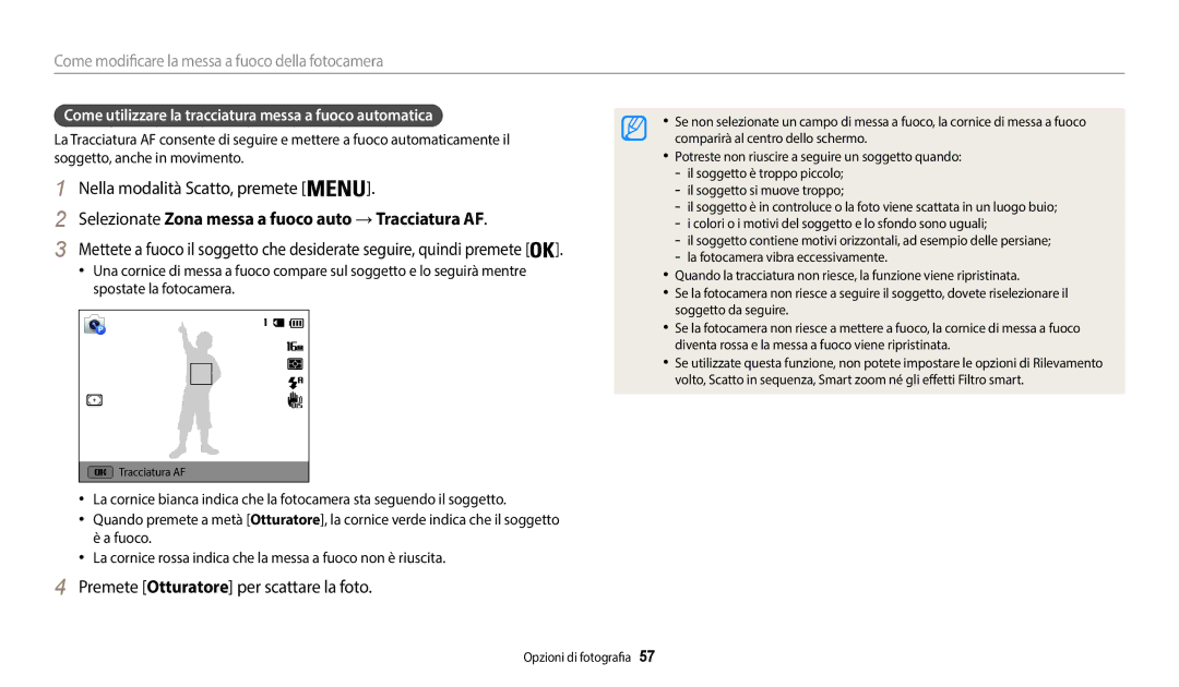 Samsung EC-WB35FZBPWE1, EC-WB37FZBDWE1, EC-WB35FZBPBE1 manual Selezionate Zona messa a fuoco auto → Tracciatura AF 