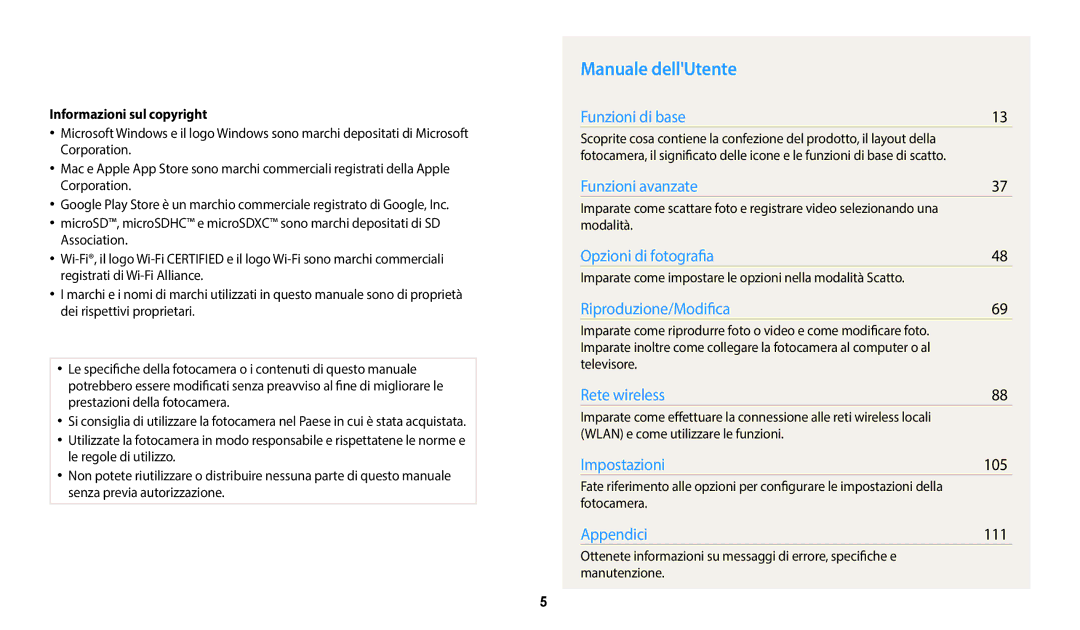 Samsung EC-WB37FZBDWE1, EC-WB35FZBPWE1, EC-WB35FZBPBE1 manual Manuale dellUtente, 105, 111, Informazioni sul copyright 