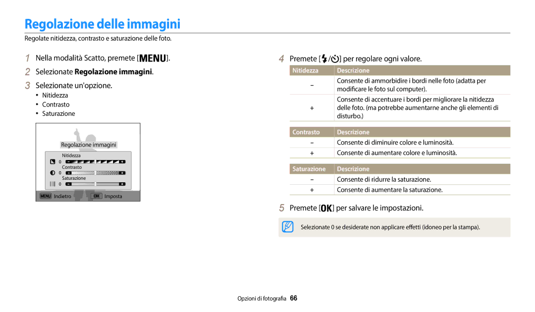 Samsung EC-WB35FZBPWE1 Regolazione delle immagini, Selezionate Regolazione immagini, Premete / per regolare ogni valore 