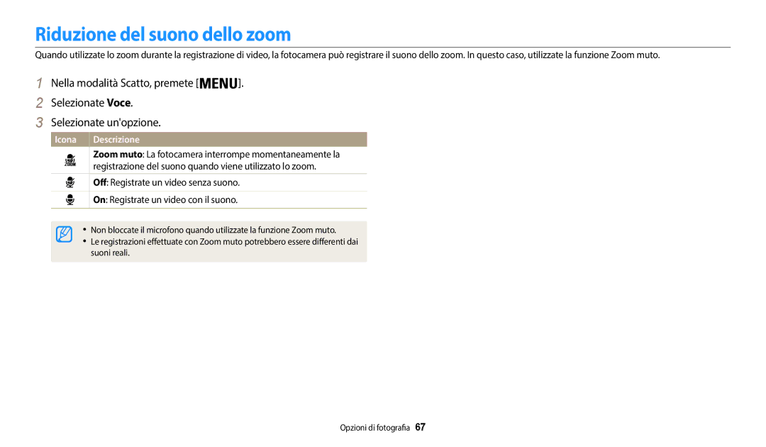 Samsung EC-WB35FZBPBE1 manual Riduzione del suono dello zoom, Registrazione del suono quando viene utilizzato lo zoom 