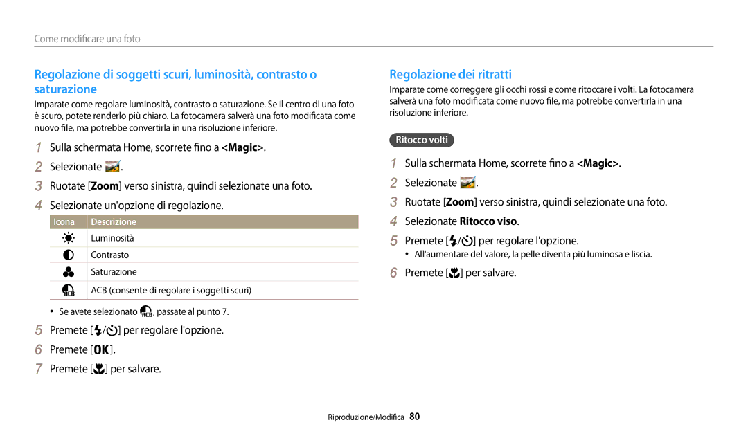 Samsung EC-WB37FZBDWE1 manual Regolazione dei ritratti, Premete / per regolare lopzione Premete per salvare, Ritocco volti 