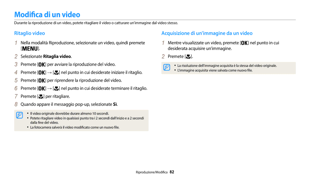 Samsung EC-WB35FZBPBE1, EC-WB37FZBDWE1 manual Modifica di un video, Ritaglio video, Acquisizione di unimmagine da un video 