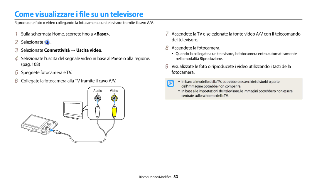 Samsung EC-WB37FZBDWE1, EC-WB35FZBPWE1 Come visualizzare i file su un televisore, Selezionate Connettività → Uscita video 