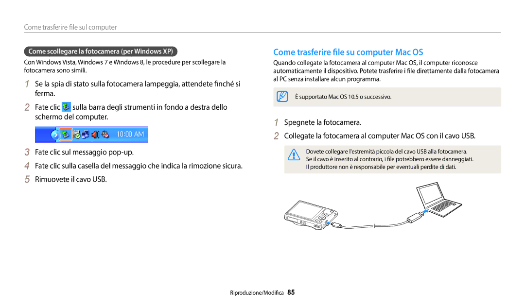 Samsung EC-WB35FZBPBE1 Come trasferire file su computer Mac OS, Rimuovete il cavo USB, Come trasferire file sul computer 