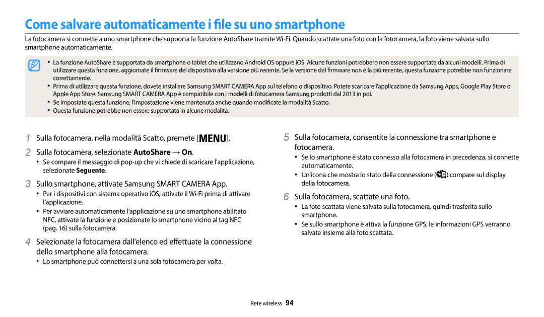 Samsung EC-WB35FZBPBE1 manual Come salvare automaticamente i file su uno smartphone, Sulla fotocamera, scattate una foto 