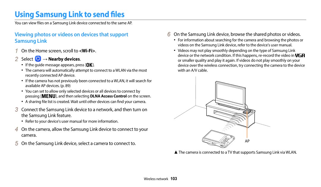 Samsung EC-WB35FZBPBE3 Using Samsung Link to send files, On the Home screen, scroll to Wi-Fi, Select → Nearby devices 