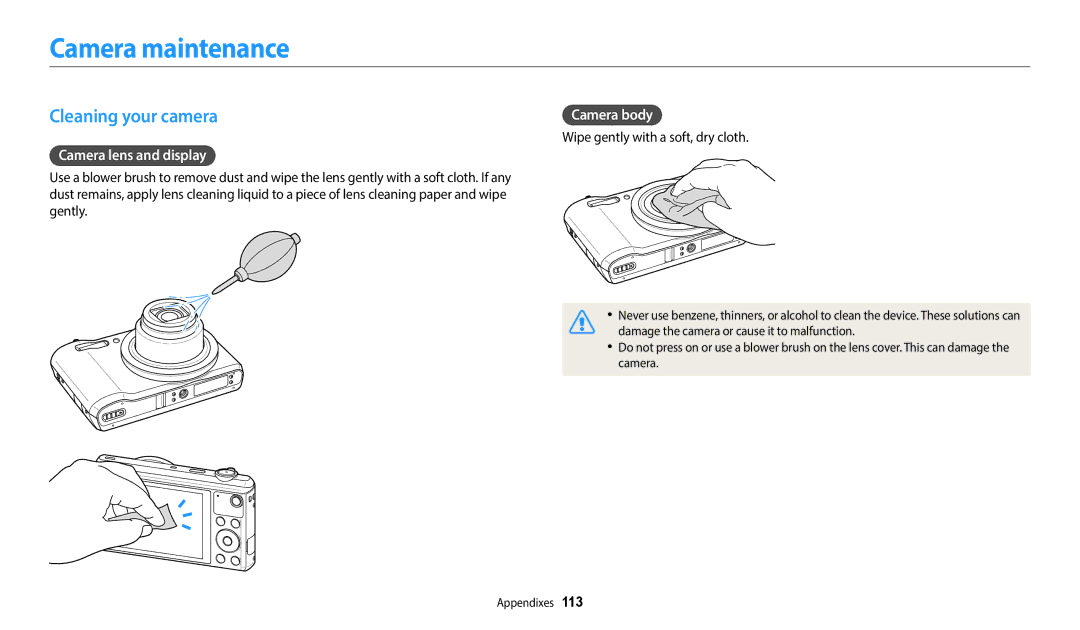 Samsung EC-WB35FZBPWKZ, EC-WB37FZBDWFR manual Camera maintenance, Cleaning your camera, Camera lens and display, Camera body 